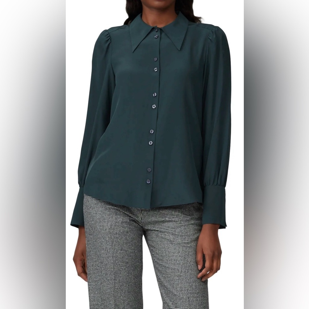 Kate Spade New York Silk Point Collar Blouse Button Shirt Green Sz S Holiday